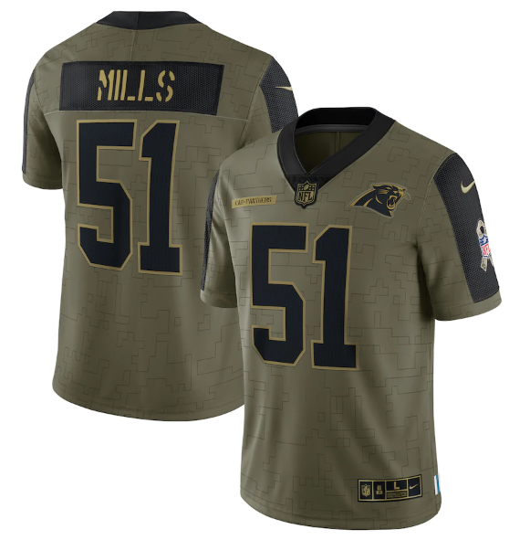 Men's Carolina Panthers #51 Sam Mills 2021 Olive Salute To Service Limited Stitched Jersey Men's Carolina Panthers #51 Sam Mills 2021 Olive Salute To Service Limited Stitched Jersey